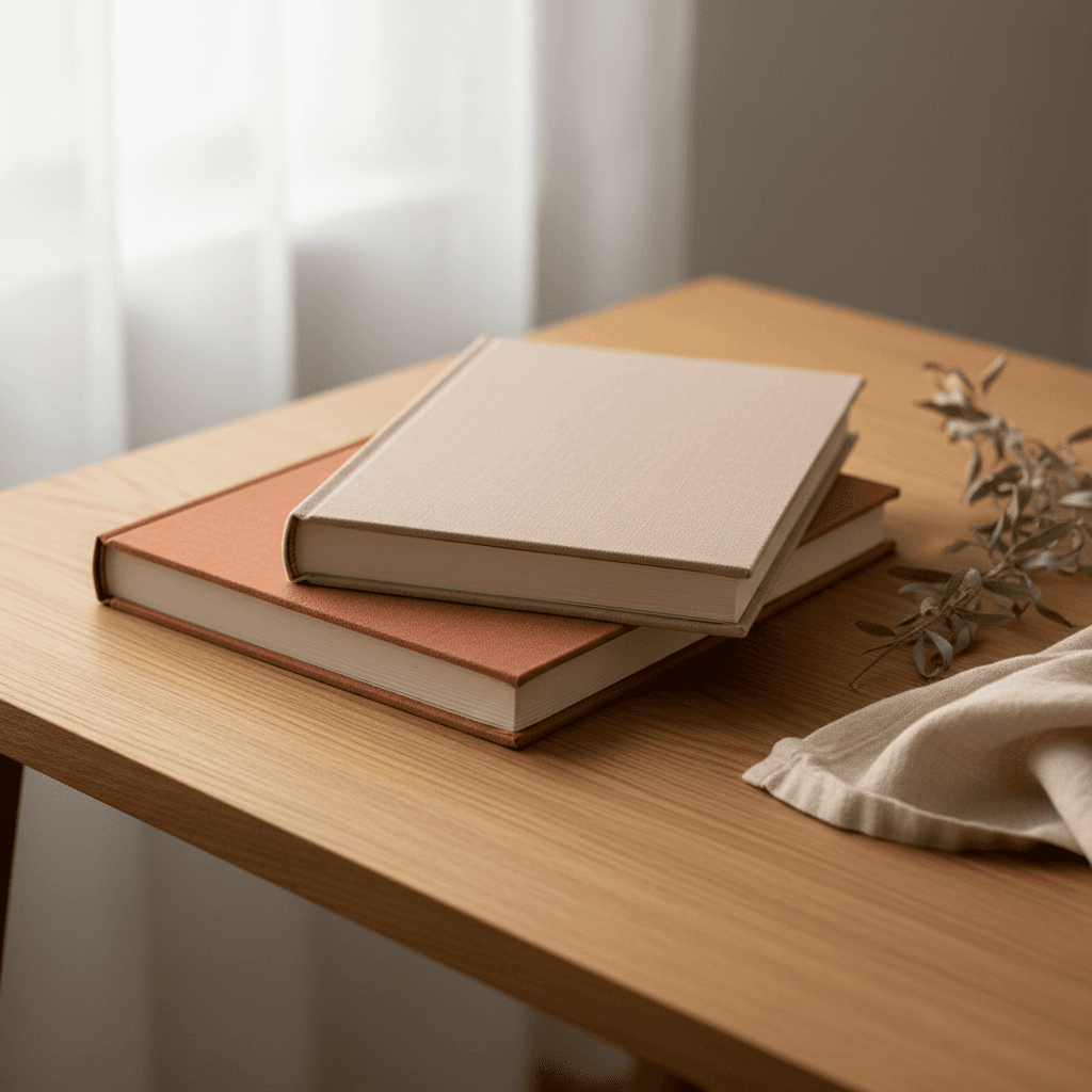 Livre relié posé sur un bureau en bois, papier crème, lumière éditoriale
