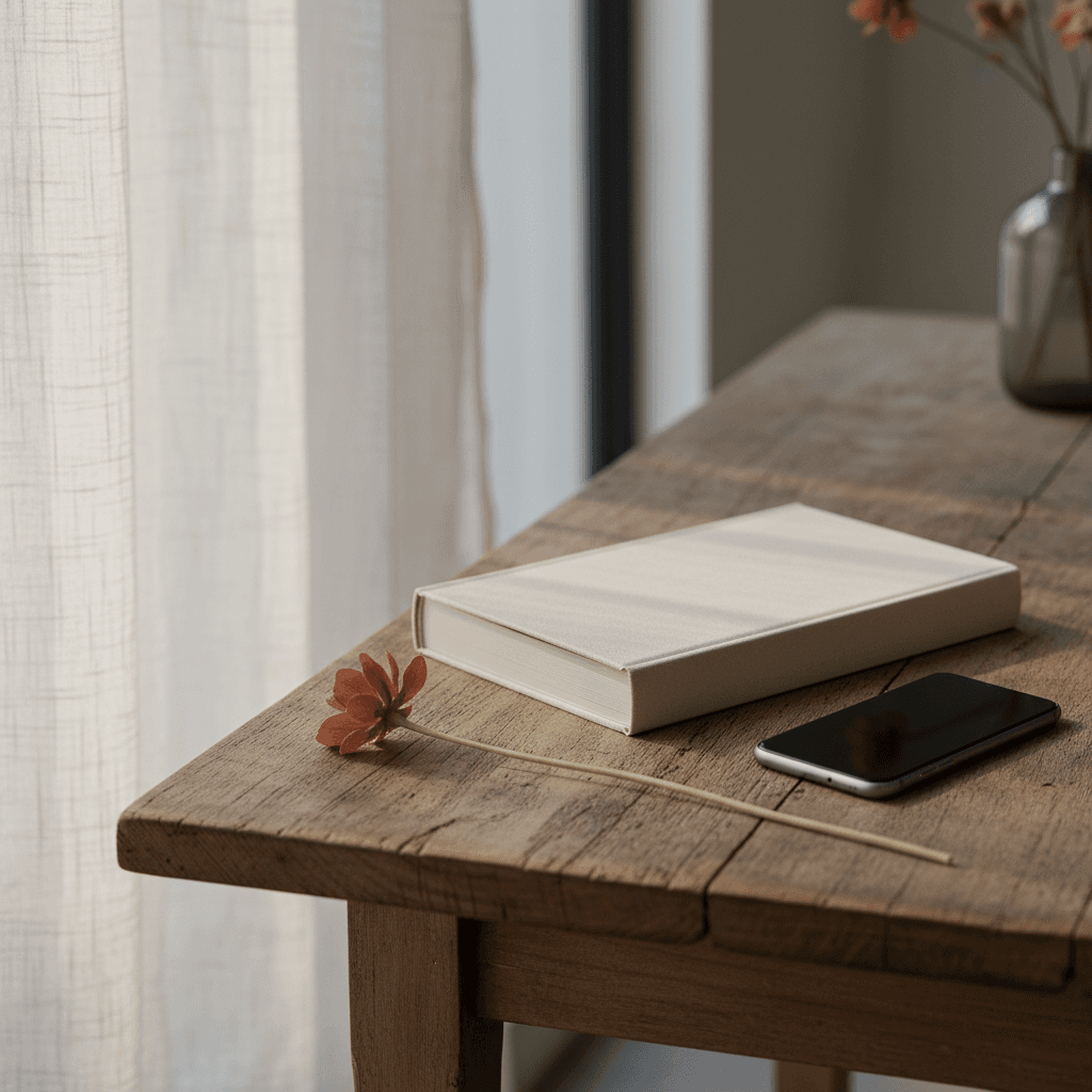 Livre cloth-bound crème posé sur une table en bois ancien avec un smartphone éteint et une fleur séchée — composition éditoriale Foliry