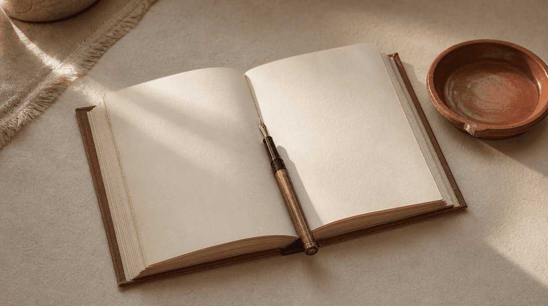 Cahier ouvert avec une page blanche sur un bureau en bois clair