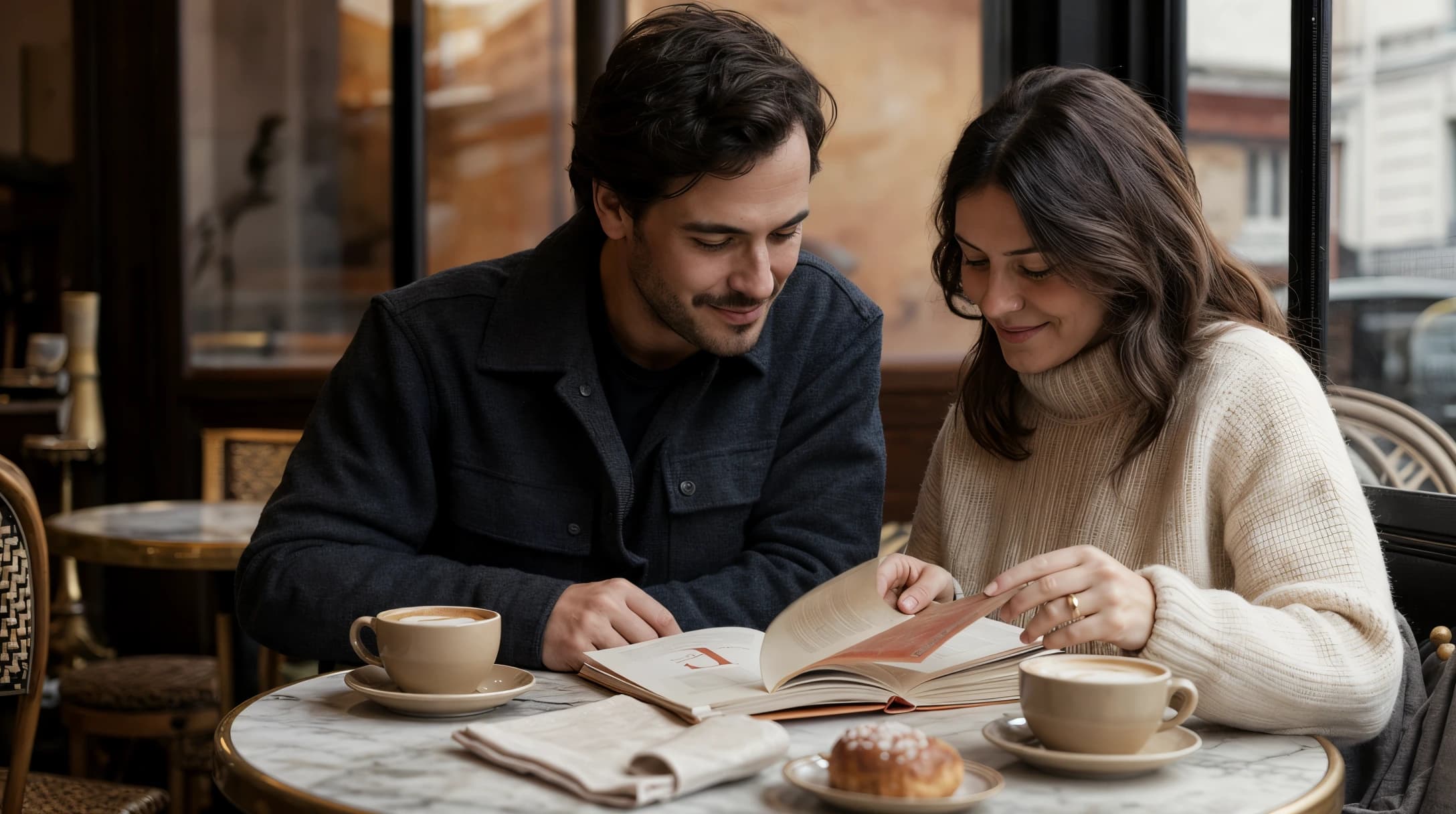 Un couple lit ensemble, lumière douce, ambiance éditoriale