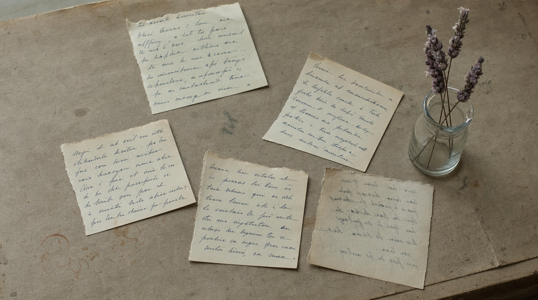 Cahier ouvert sur une table en bois clair, papier crème, ambiance feutrée