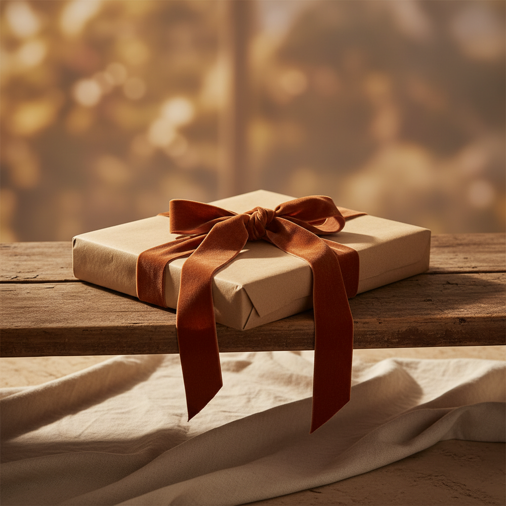 Bougie allumée et petite boîte cadeau posée sur une table en bois, ambiance intime