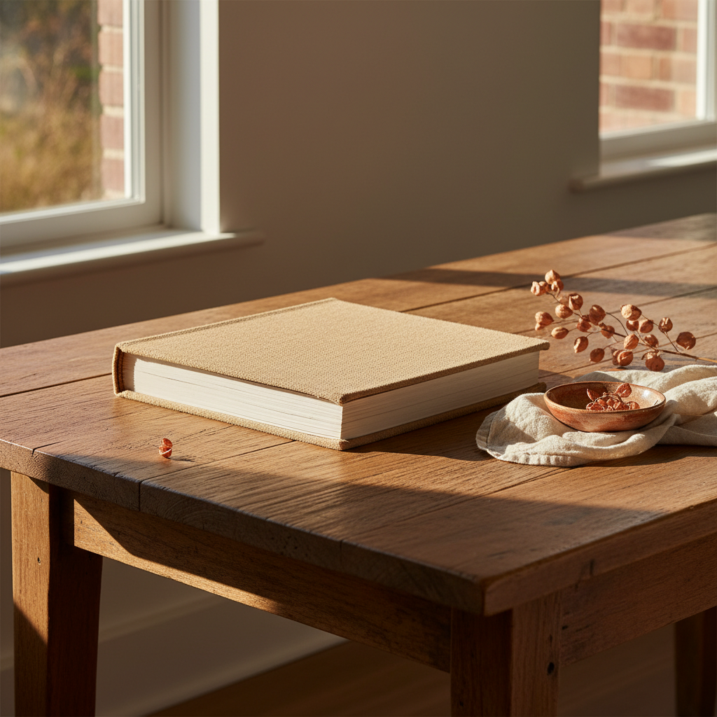 Livre relié posé sur une table de salle à manger en bois, lumière chaude et ambiance familiale