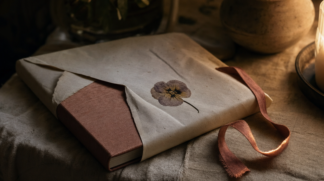 Cahier ouvert sur une table en bois clair, papier crème, ambiance feutrée