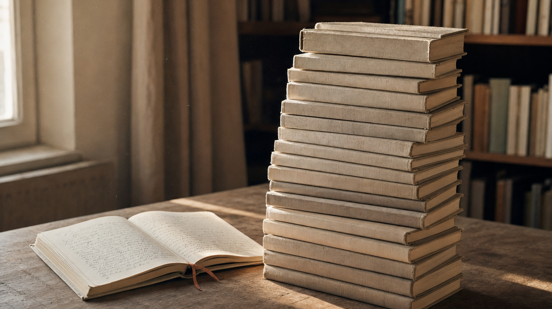 Cahier ouvert sur une table en bois clair, papier crème, ambiance feutrée