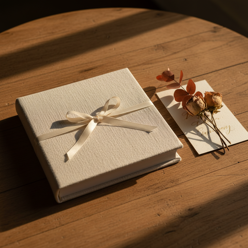 Livre relié noué d’un ruban crème sur une table en bois — ambiance célébration