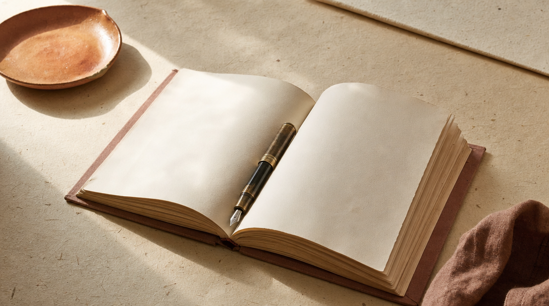 Cahier ouvert sur une table en bois clair, papier crème, ambiance feutrée