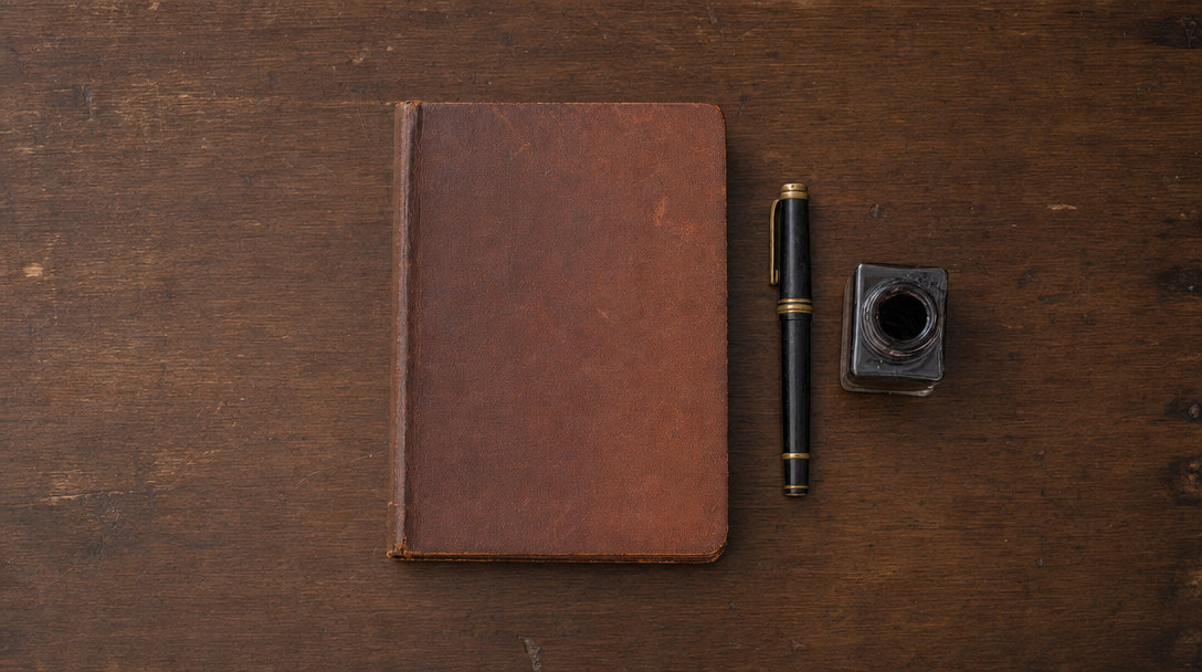 Cahier ouvert sur une table en bois clair, papier crème, ambiance feutrée