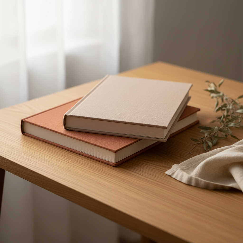 Livre relié posé sur un bureau en bois, papier crème, lumière éditoriale