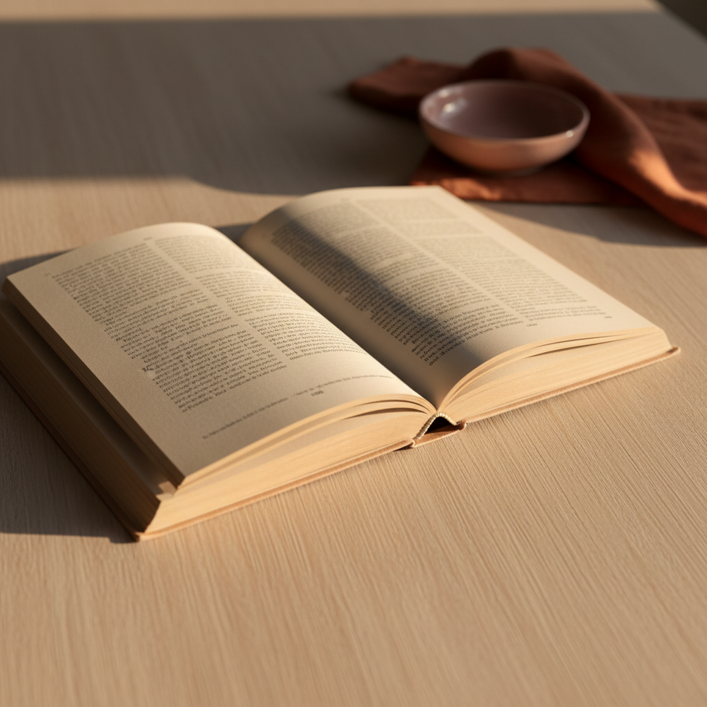 Livre relié posé sur un bureau en bois, papier crème, lumière éditoriale