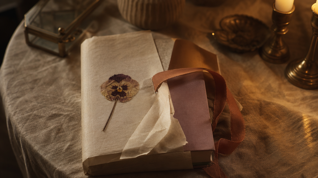 Cahier ouvert sur une table en bois clair, papier crème, ambiance feutrée