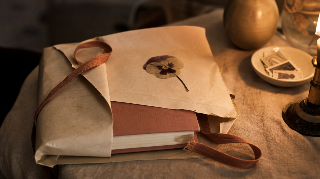 Cahier ouvert sur une table en bois clair, papier crème, ambiance feutrée