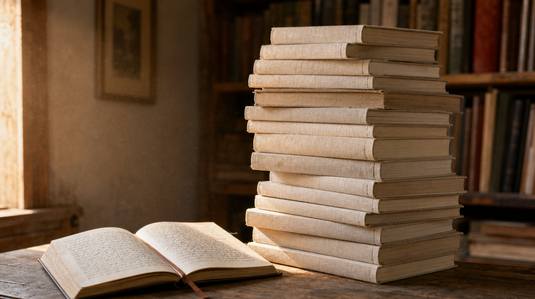 Cahier ouvert sur une table en bois clair, papier crème, ambiance feutrée
