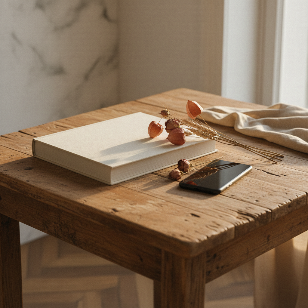 Livre ouvert sur une table en bois clair, pages crème, ambiance lumineuse et feutrée
