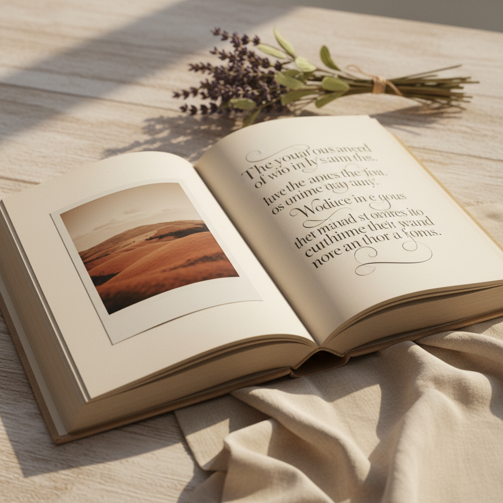 Livre ouvert sur double page combinant photo polaroid et texte typographique — format hybride messages + photos Foliry