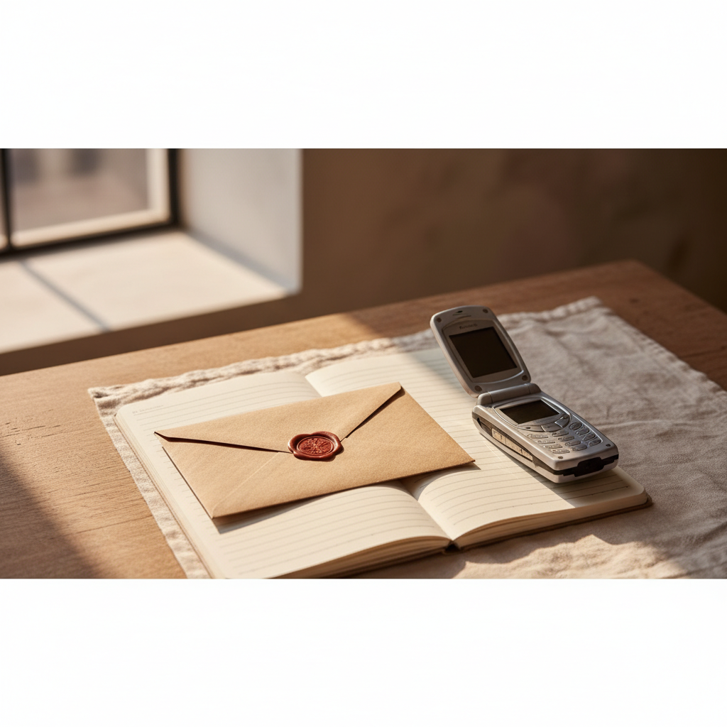 Enveloppe kraft scellée à la cire posée sur un cahier ouvert avec un téléphone à clapet vintage — ambiance nostalgie SMS d'amour