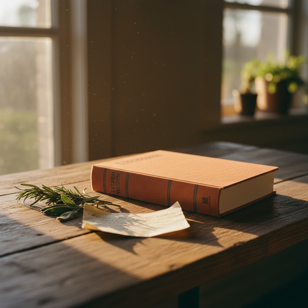 Livre relié posé sur une table en bois clair, page ouverte, lumière chaude