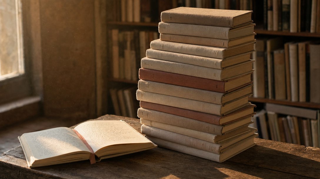 Cahier ouvert sur une table en bois clair, papier crème, ambiance feutrée