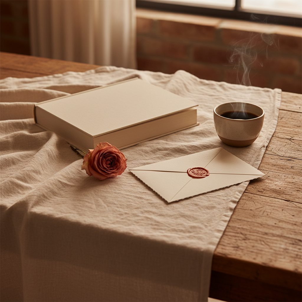 Livre relié crème sur nappe en lin froissé avec rose séchée et tasse de café — ambiance premier anniversaire de couple