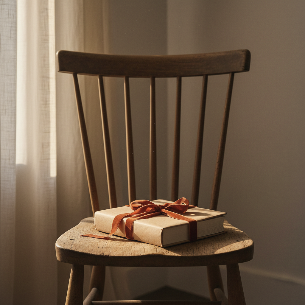 Livre emballé dans du papier kraft noué d'un ruban en velours terracotta sur chaise en bois — cadeau amoureux Foliry