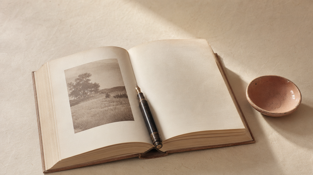 Livre photo et livre de messages posés côte à côte sur une table en bois clair