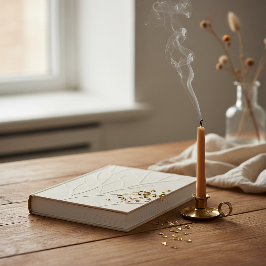 Livre relié à gaufrage discret sur table avec confettis dorés et bougie qui vient d'être soufflée — livre de messages d'anniversaire Foliry