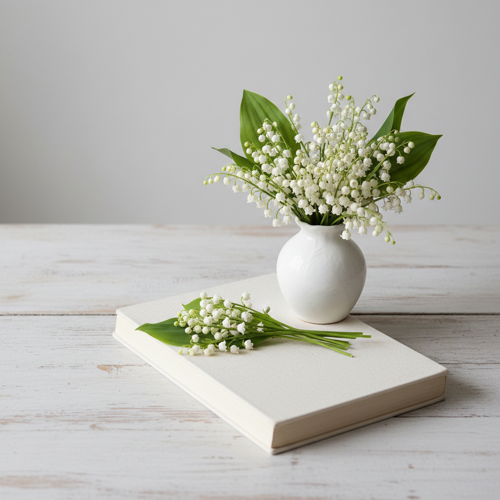 Brins de muguet posés à côté d’un livre relié crème, lumière de printemps
