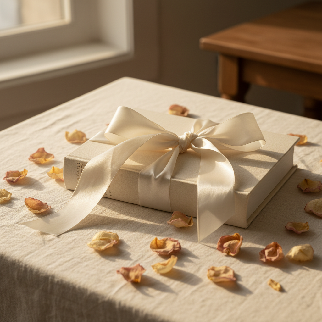 Tissu de soie ivoire drapé avec élégance, lumière dorée de fin de journée — ambiance raffinée pour les noces de soie