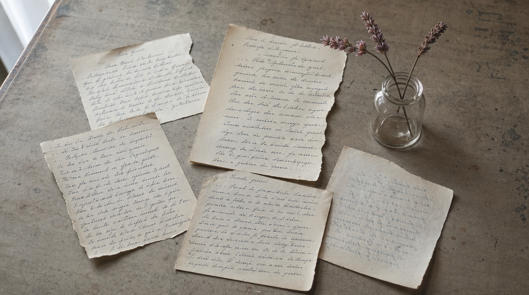 Cahier ouvert sur une table en bois clair, papier crème, ambiance feutrée