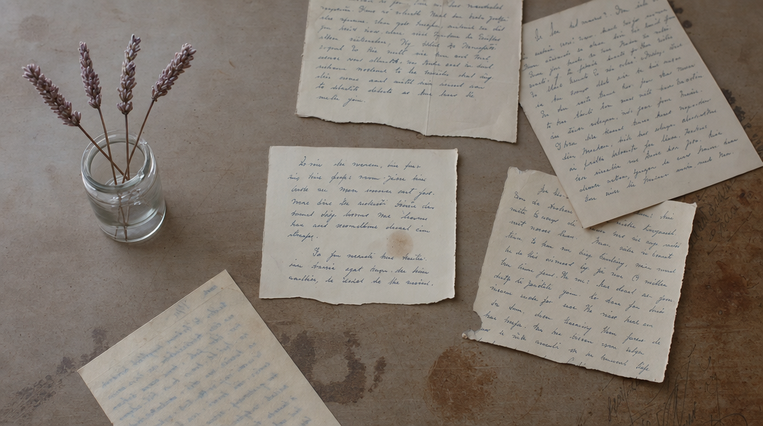 Cahier ouvert sur une table en bois clair, papier crème, ambiance feutrée