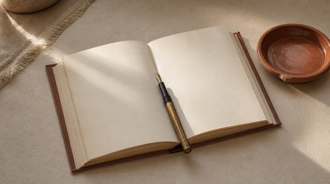 Cahier ouvert avec une page blanche sur un bureau en bois clair
