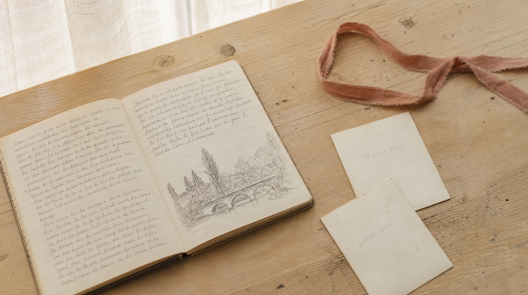 Cahier ouvert sur une table en bois clair, papier crème, ambiance feutrée