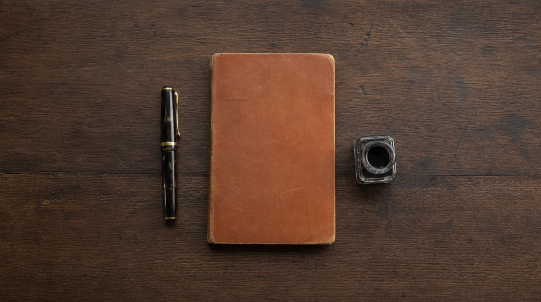 Cahier ouvert sur une table en bois clair, papier crème, ambiance feutrée