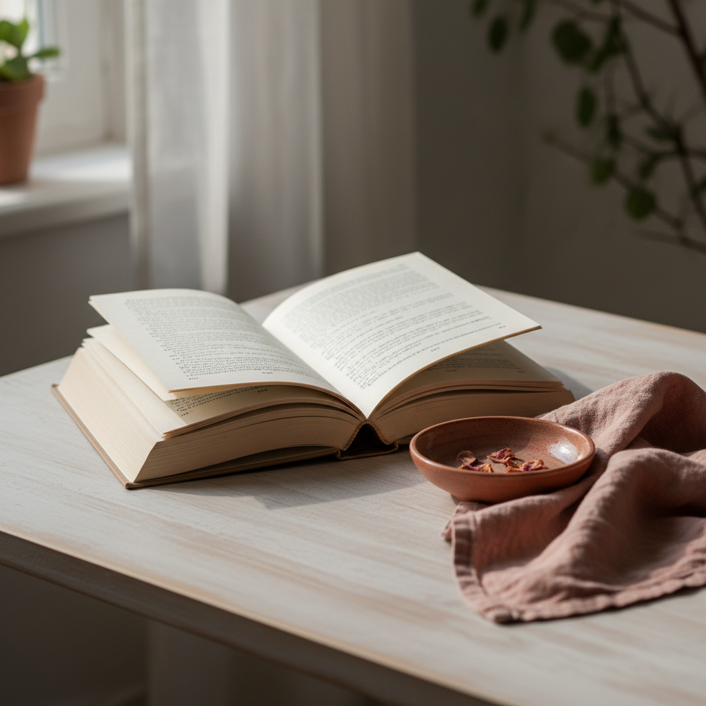 Livre ouvert sur une table en bois clair près d’une fenêtre, ambiance feutrée