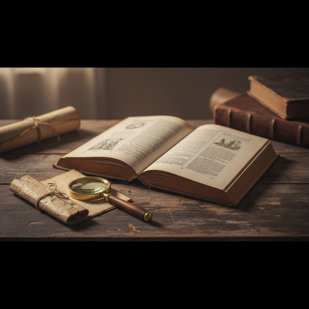Livre ouvert sur un bureau en bois avec une loupe et une note pliée — ambiance nostalgique